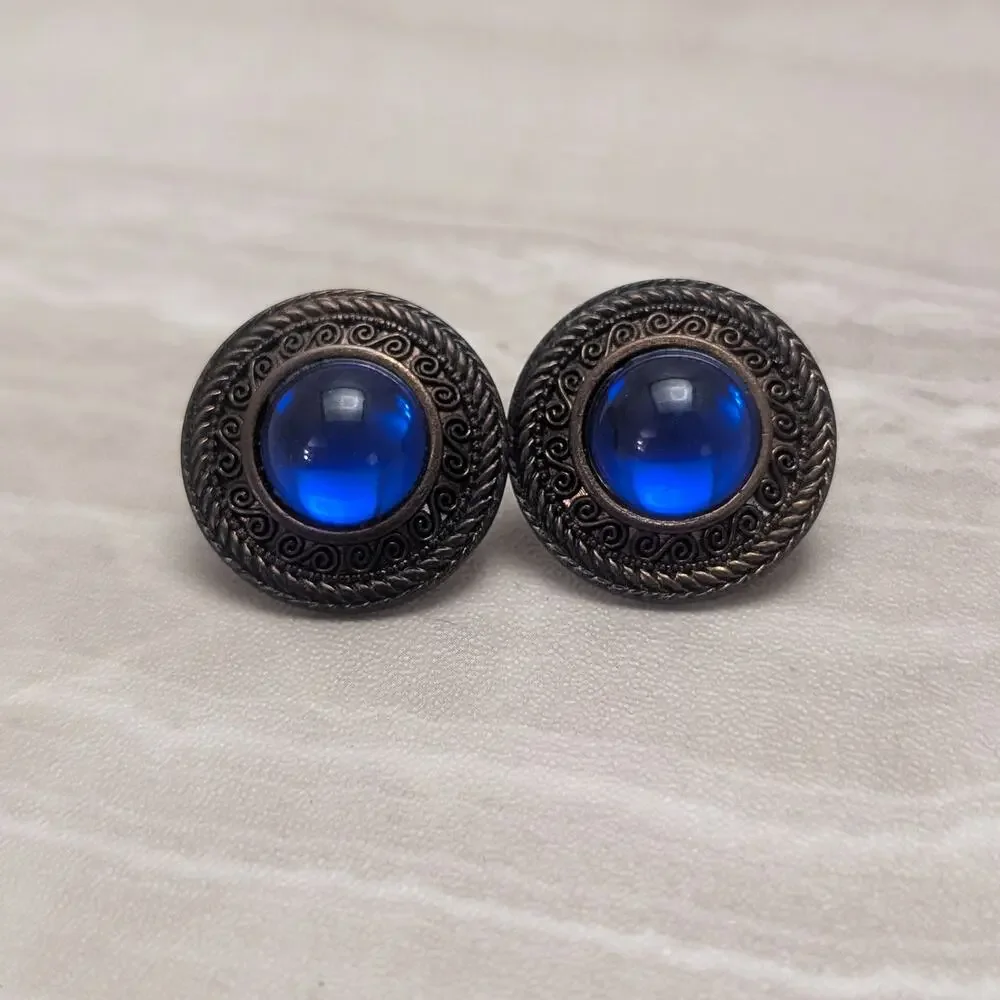 Vintage Stud Earrings Large Dark Tones with Blue Center 1